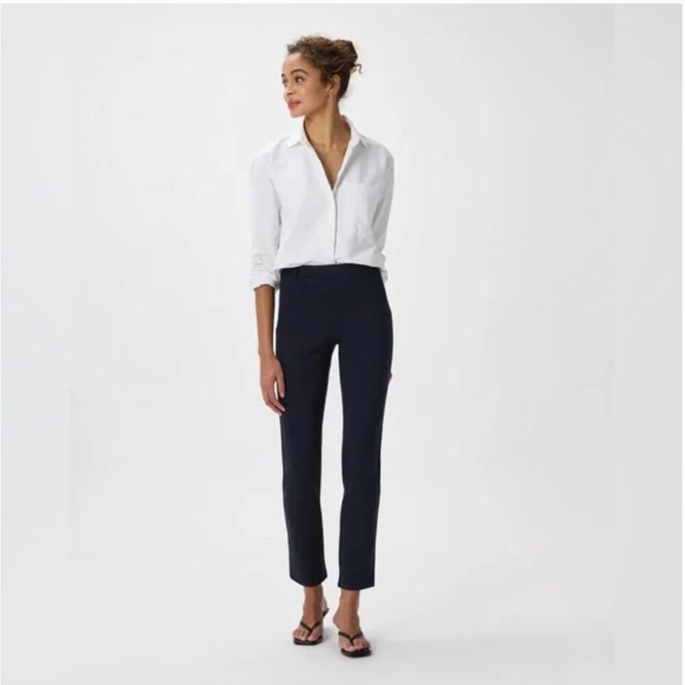 Quince Womens Ultra-Stretch Ponte Straight Leg Pants L Petite Inseam 28" Navy